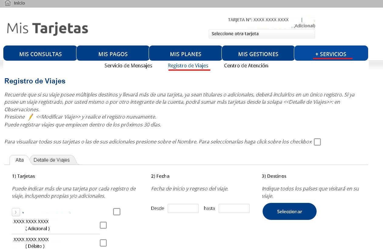 Registro de Viajes, dar Aviso en Visa Home