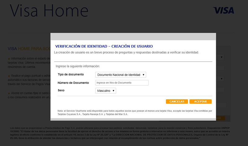 Visa Home crear clave