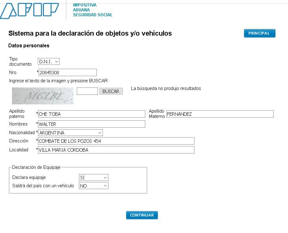 Declaración de equipaje aduana Afip