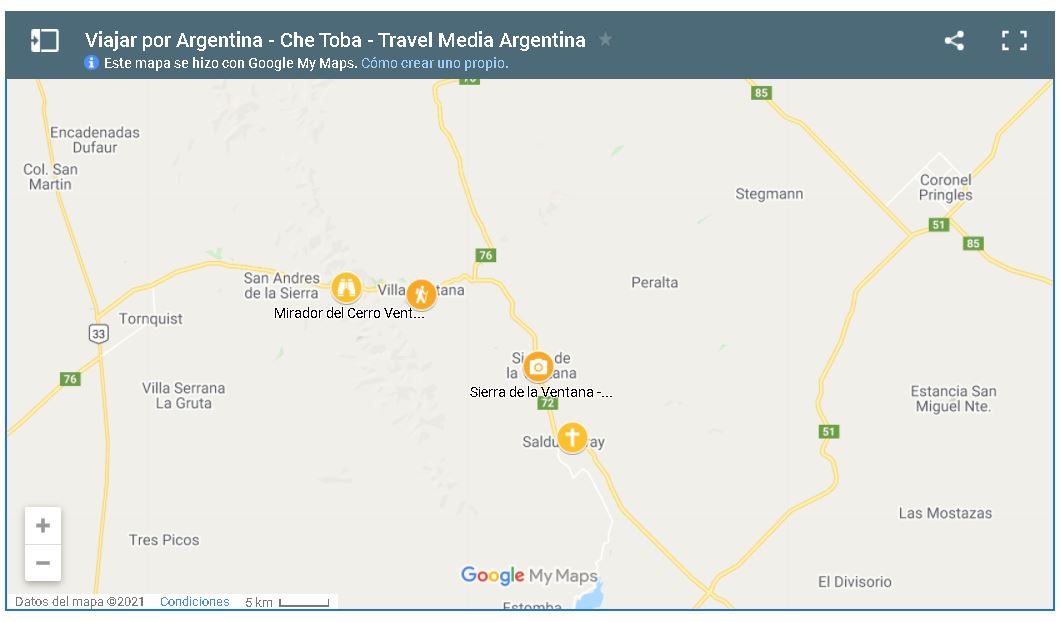 Mapa para viajar por Argentina Sierra de la Ventana, Buenos Aires