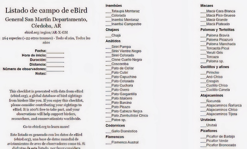 Listado de aves checklist