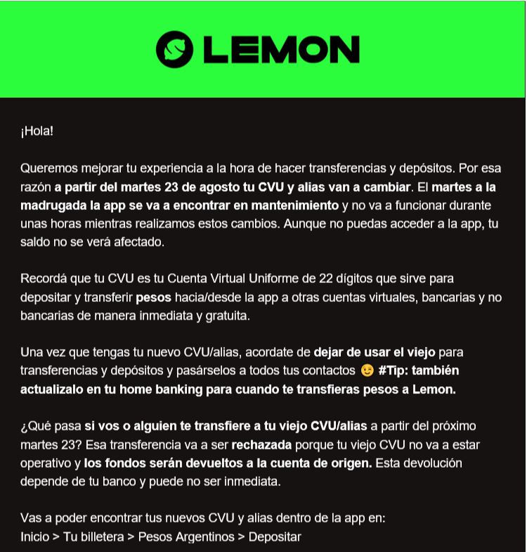 Lemon cambio CVU fecha