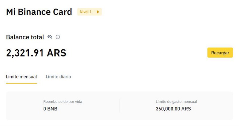 Gastos y consumas tarjeta Binance Argentina
