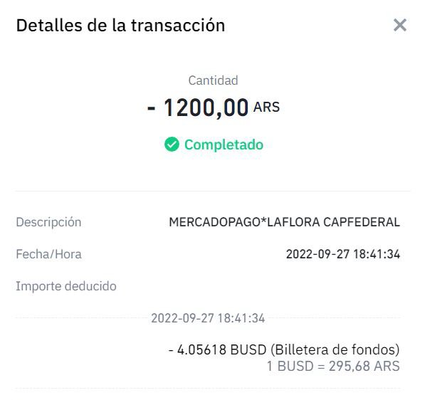 Binance Mastecard cambio BUSD / Pesos Argentinos