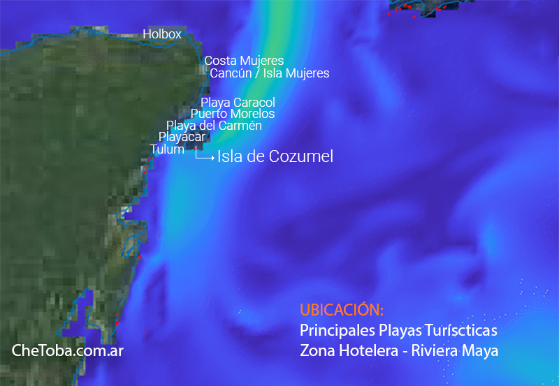 Ubicación playas Riviera Maya y zona hotelera pronóstico de sargazo