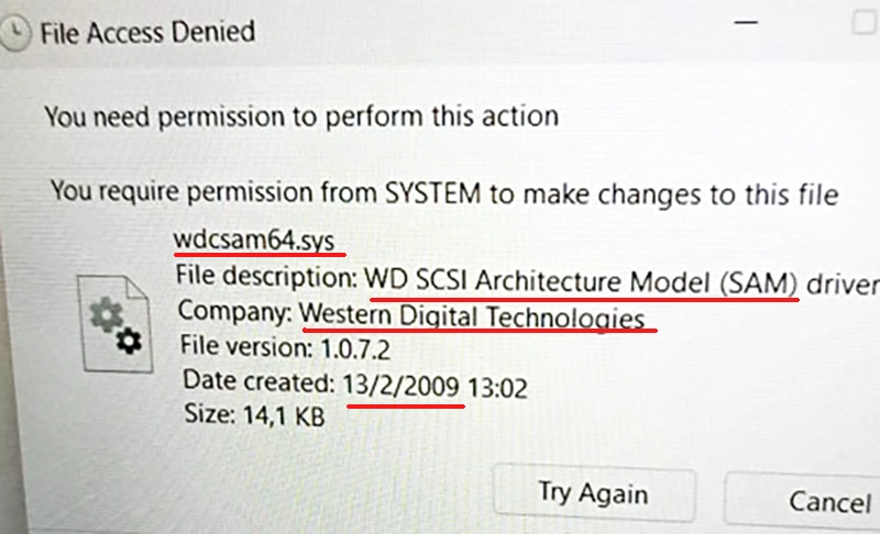 Driver WD SCSI SAM wdcsam64.sys error Windows Defender borrar o desinstalar