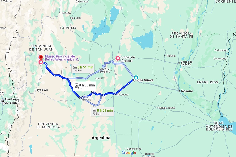 Ruta habitual de Villa María, Córdoba a San Juan