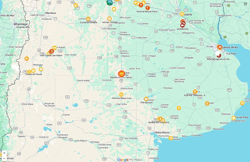 Mapa de lugares para viajar por Argentina